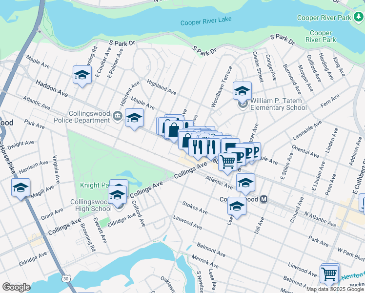 map of restaurants, bars, coffee shops, grocery stores, and more near Haddon Avenue & Harvard Avenue in Collingswood