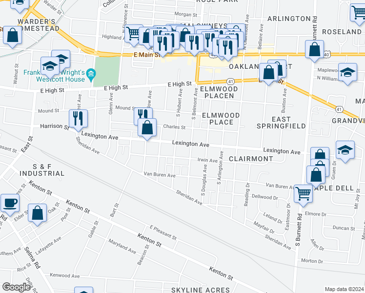 map of restaurants, bars, coffee shops, grocery stores, and more near 1915 Lexington Avenue in Springfield