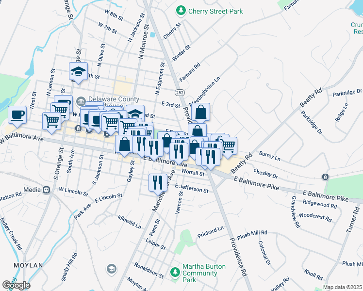 map of restaurants, bars, coffee shops, grocery stores, and more near 401 East State Street in Media