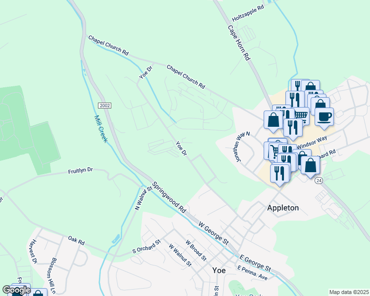 map of restaurants, bars, coffee shops, grocery stores, and more near 109 Yoe Drive in Red Lion