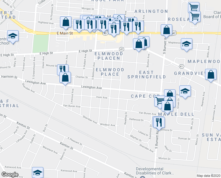 map of restaurants, bars, coffee shops, grocery stores, and more near 2199 Lexington Avenue in Springfield