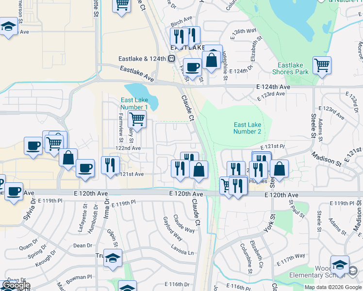 map of restaurants, bars, coffee shops, grocery stores, and more near 12255 Claude Court in Northglenn
