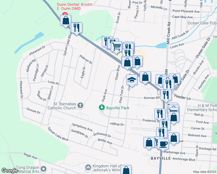 map of restaurants, bars, coffee shops, grocery stores, and more near 25 Park Avenue in Berkeley Township