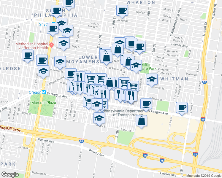 map of restaurants, bars, coffee shops, grocery stores, and more near 2617 South Darien Street in Philadelphia