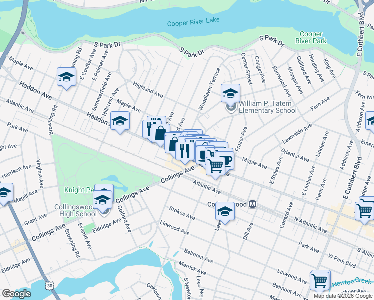 map of restaurants, bars, coffee shops, grocery stores, and more near 12 Woodlawn Avenue in Collingswood