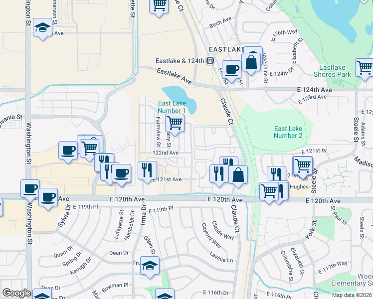 map of restaurants, bars, coffee shops, grocery stores, and more near 12255 Claude Court in Northglenn