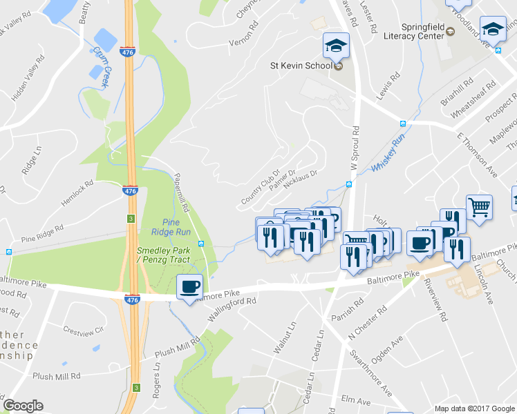 map of restaurants, bars, coffee shops, grocery stores, and more near 1587 Palmer Drive in Springfield