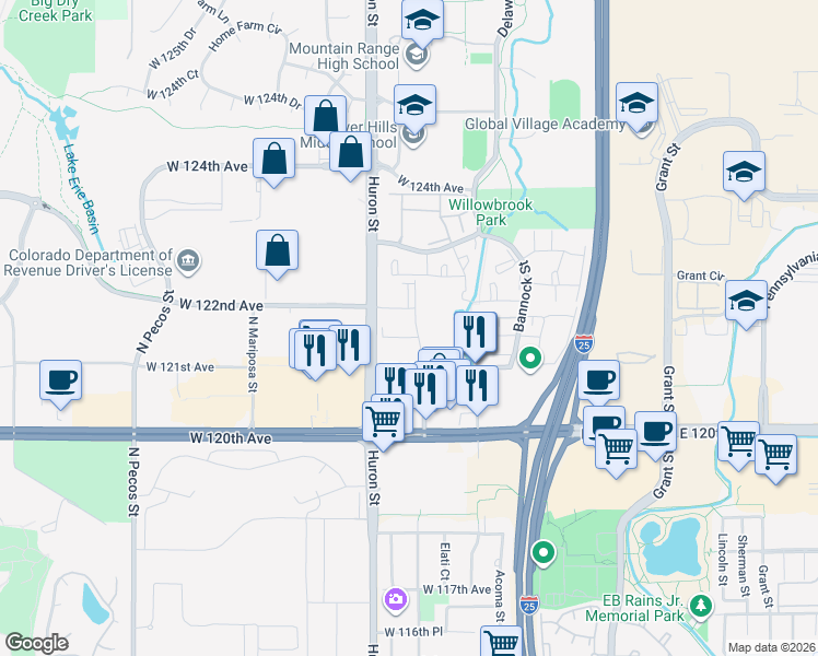 map of restaurants, bars, coffee shops, grocery stores, and more near 12121 Melody Drive in Westminster