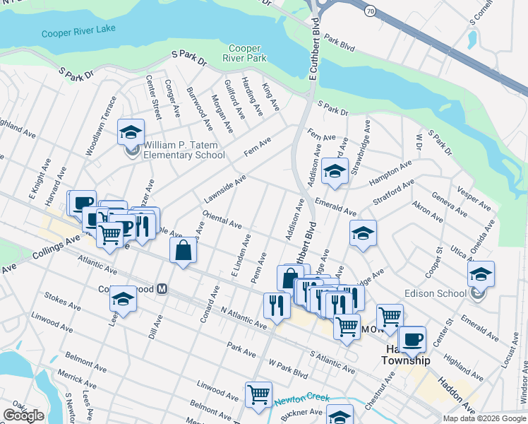 map of restaurants, bars, coffee shops, grocery stores, and more near 204 East Linden Avenue in Collingswood
