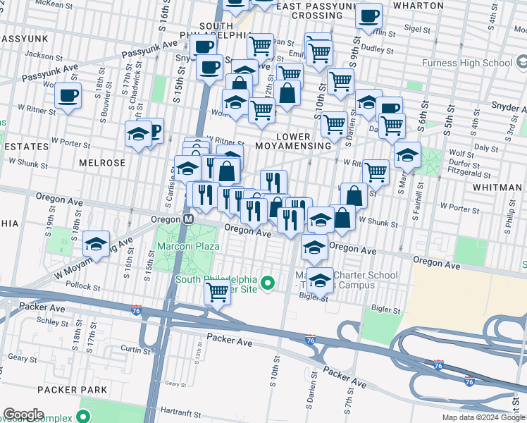 map of restaurants, bars, coffee shops, grocery stores, and more near 2614 South Jessup Street in Philadelphia