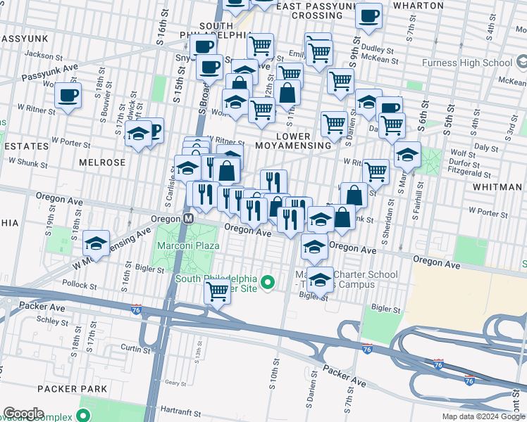 map of restaurants, bars, coffee shops, grocery stores, and more near 2614 South Jessup Street in Philadelphia