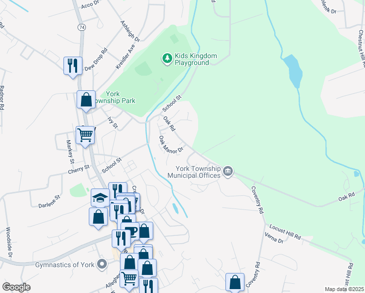 map of restaurants, bars, coffee shops, grocery stores, and more near 150 Oak Manor Drive in York