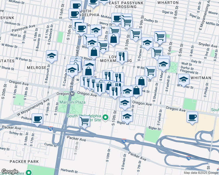 map of restaurants, bars, coffee shops, grocery stores, and more near 2609 South 11th Street in Philadelphia