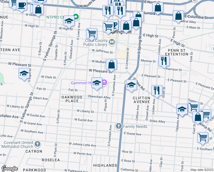 map of restaurants, bars, coffee shops, grocery stores, and more near 615 Rose Alley in Springfield