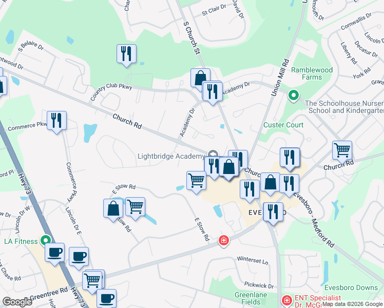 map of restaurants, bars, coffee shops, grocery stores, and more near 4508 Church Road East in Mount Laurel Township