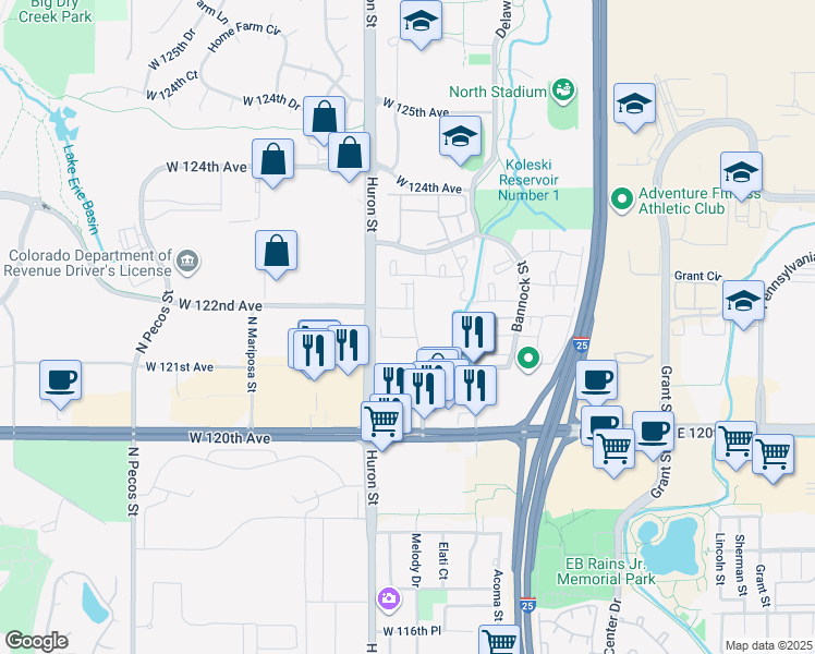 map of restaurants, bars, coffee shops, grocery stores, and more near 12121 Melody Drive in Westminster