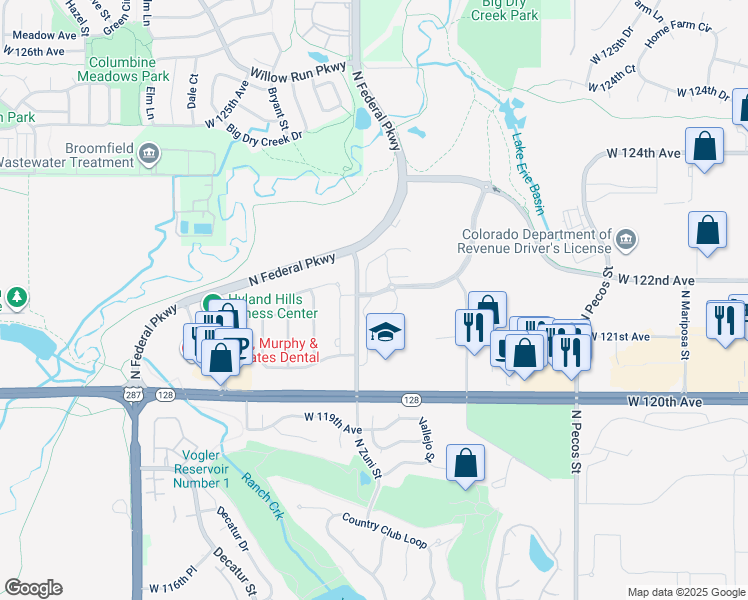 map of restaurants, bars, coffee shops, grocery stores, and more near 2346 Park Centre Drive in Westminster