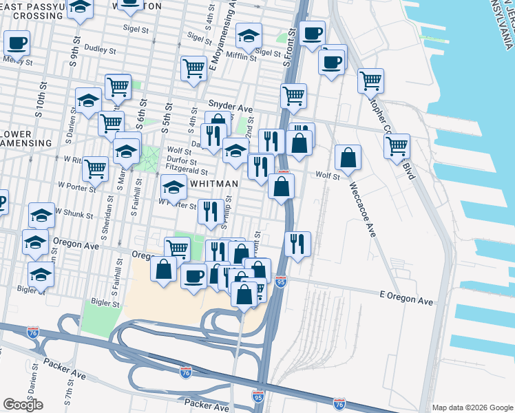 map of restaurants, bars, coffee shops, grocery stores, and more near 108 West Porter Street in Philadelphia
