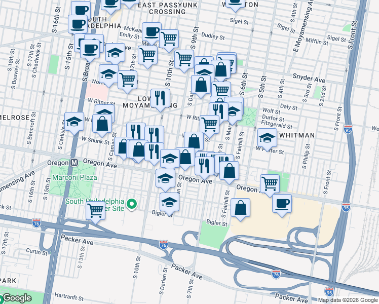 map of restaurants, bars, coffee shops, grocery stores, and more near 2617 South Darien Street in Philadelphia
