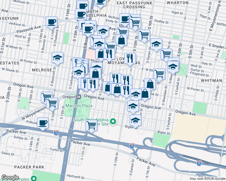 map of restaurants, bars, coffee shops, grocery stores, and more near 2649 South Jessup Street in Philadelphia