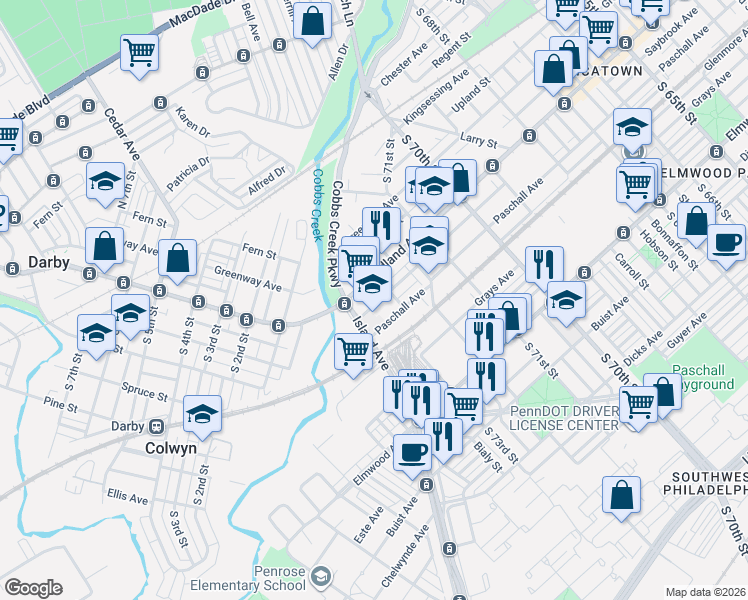 map of restaurants, bars, coffee shops, grocery stores, and more near 7257 Paschall Avenue in Philadelphia