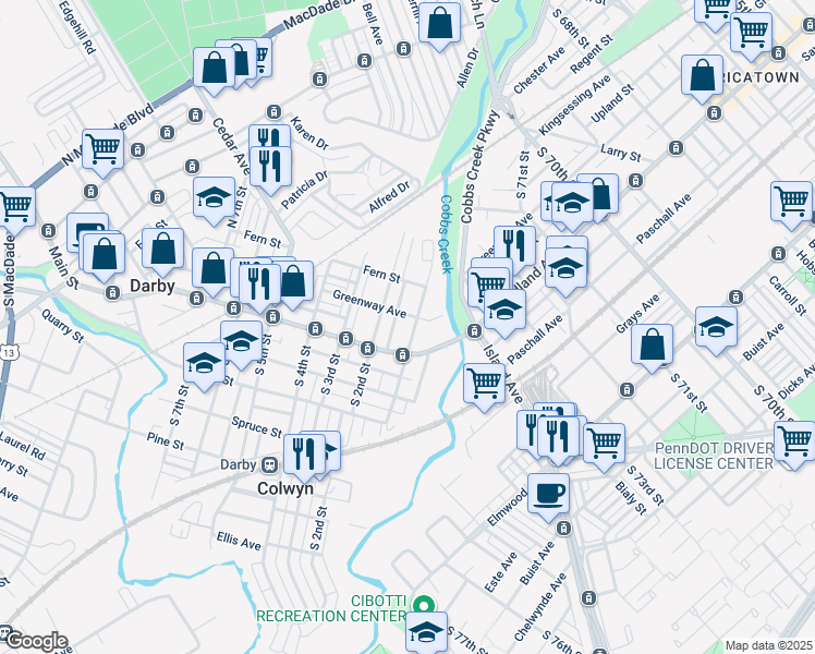 map of restaurants, bars, coffee shops, grocery stores, and more near in Darby