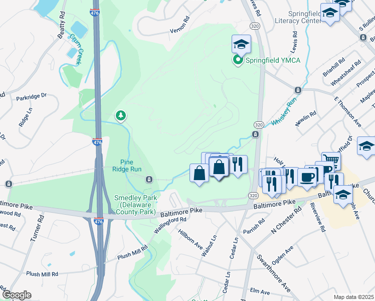 map of restaurants, bars, coffee shops, grocery stores, and more near 1587 Palmer Drive in Springfield
