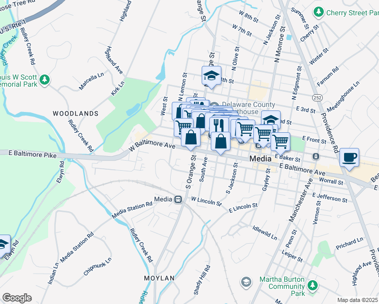 map of restaurants, bars, coffee shops, grocery stores, and more near 311 South Orange Street in Media