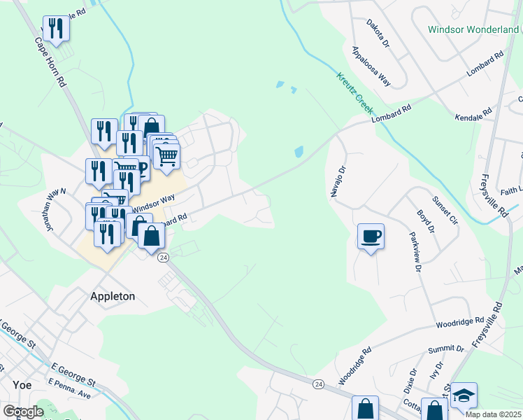 map of restaurants, bars, coffee shops, grocery stores, and more near 117 Chandler Drive in Red Lion