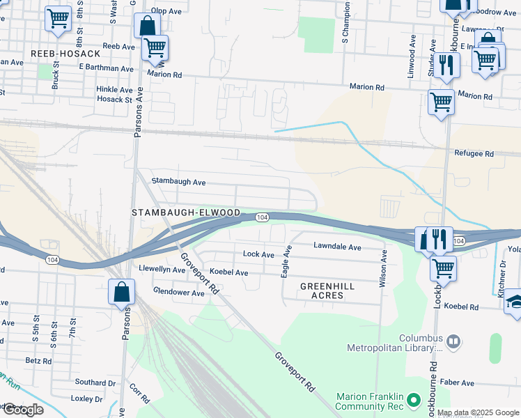 map of restaurants, bars, coffee shops, grocery stores, and more near 9949-10399 James L Wagner Memorial Hwy in Columbus