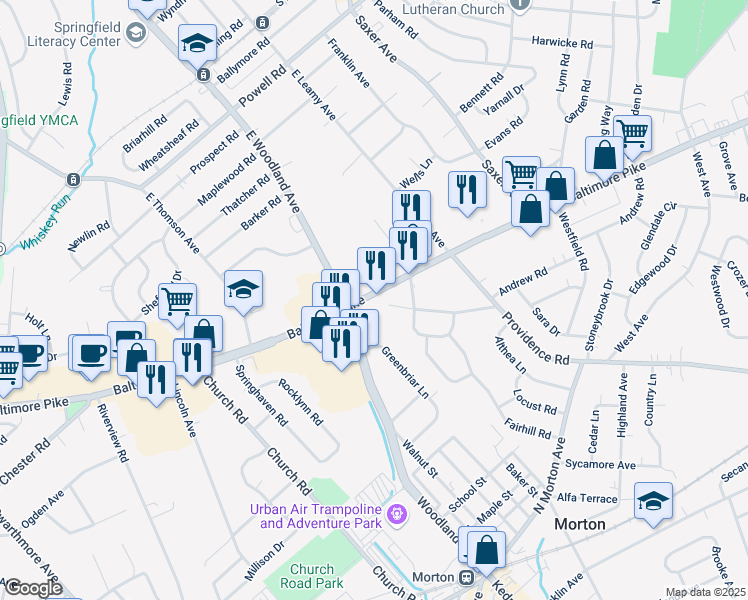 map of restaurants, bars, coffee shops, grocery stores, and more near 795 Baltimore Pike in Springfield