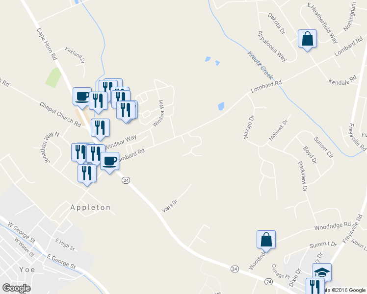 map of restaurants, bars, coffee shops, grocery stores, and more near 34 Hunters Run Court in Red Lion