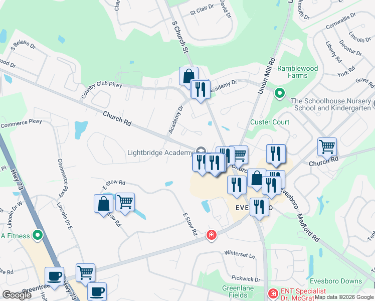 map of restaurants, bars, coffee shops, grocery stores, and more near 4508 Church Road East in Mount Laurel Township
