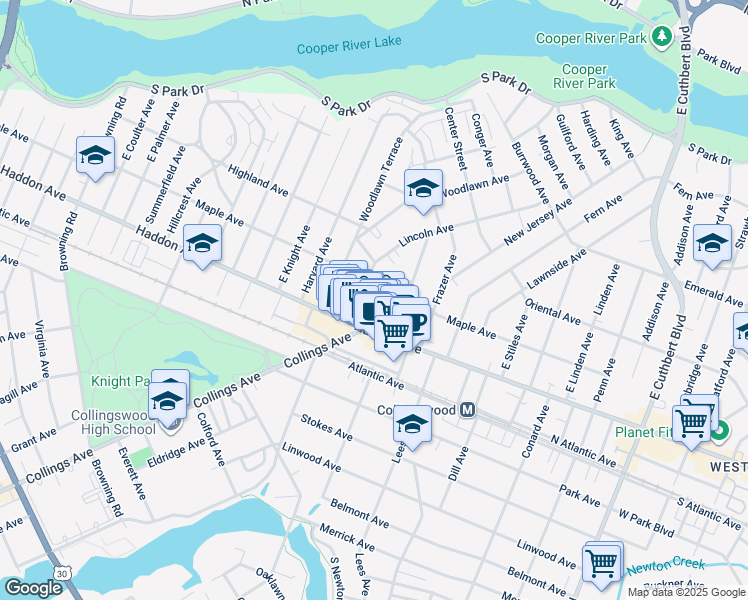 map of restaurants, bars, coffee shops, grocery stores, and more near 31 East Collings Avenue in Collingswood