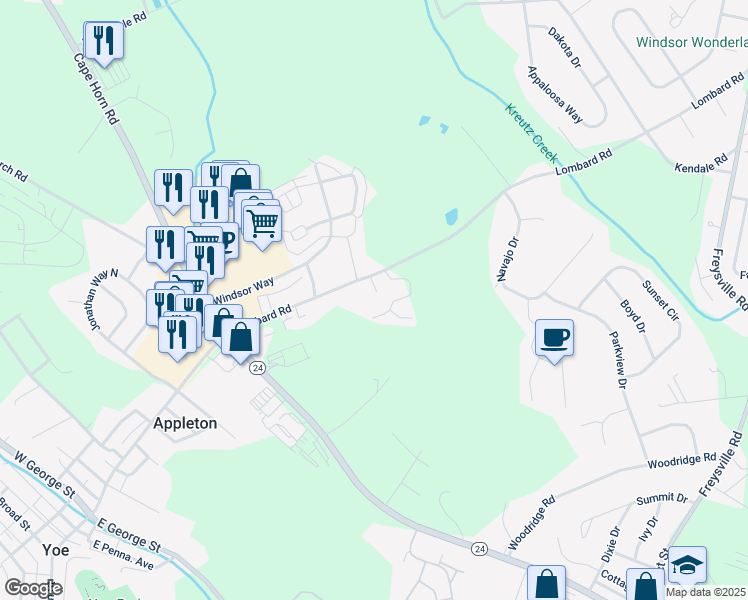 map of restaurants, bars, coffee shops, grocery stores, and more near 34 Hunters Run Court in Red Lion