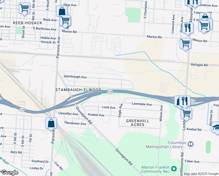 map of restaurants, bars, coffee shops, grocery stores, and more near 9949-10399 James L Wagner Memorial Hwy in Columbus