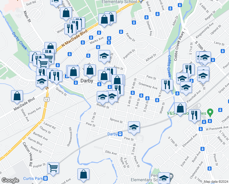 map of restaurants, bars, coffee shops, grocery stores, and more near 517 Commerce Street in Darby