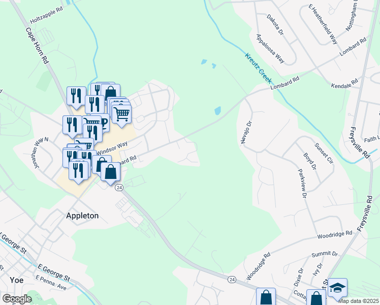 map of restaurants, bars, coffee shops, grocery stores, and more near 117 Chandler Drive in Red Lion