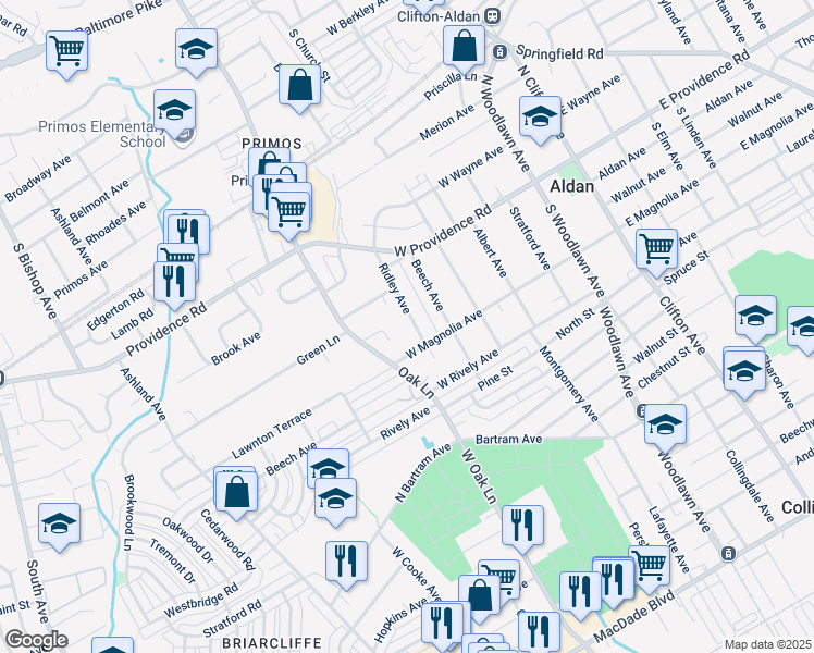 map of restaurants, bars, coffee shops, grocery stores, and more near 32 Ridley Avenue in Aldan