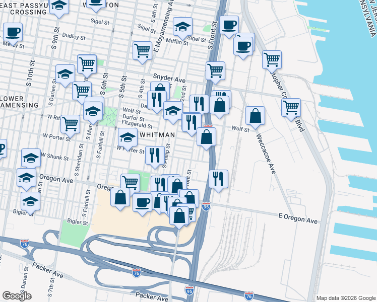 map of restaurants, bars, coffee shops, grocery stores, and more near 108 West Porter Street in Philadelphia