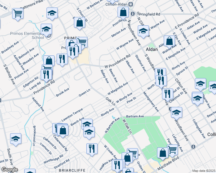 map of restaurants, bars, coffee shops, grocery stores, and more near 32 Ridley Avenue in Aldan