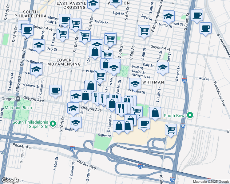 map of restaurants, bars, coffee shops, grocery stores, and more near 2519 South 6th Street in Philadelphia