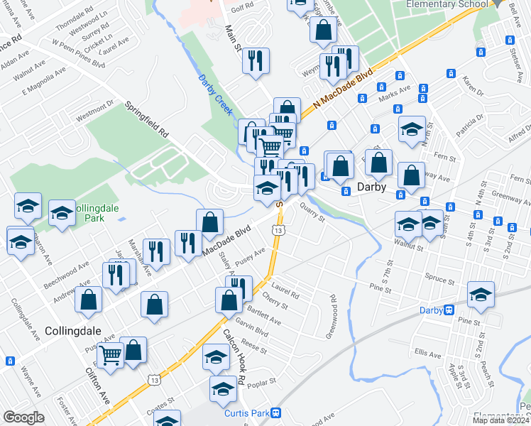 map of restaurants, bars, coffee shops, grocery stores, and more near 53 South Macdade Boulevard in Collingdale