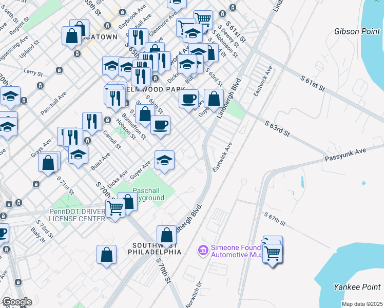 map of restaurants, bars, coffee shops, grocery stores, and more near 2929 South 67th Street in Philadelphia