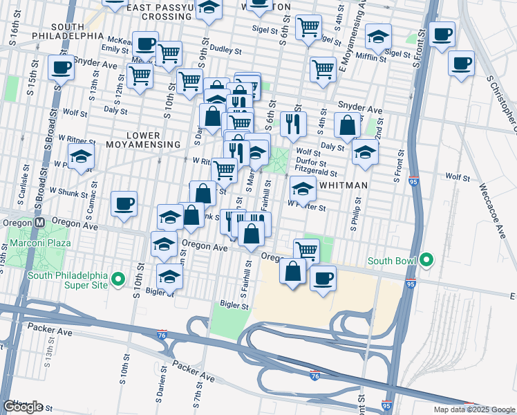map of restaurants, bars, coffee shops, grocery stores, and more near 2519 South 6th Street in Philadelphia