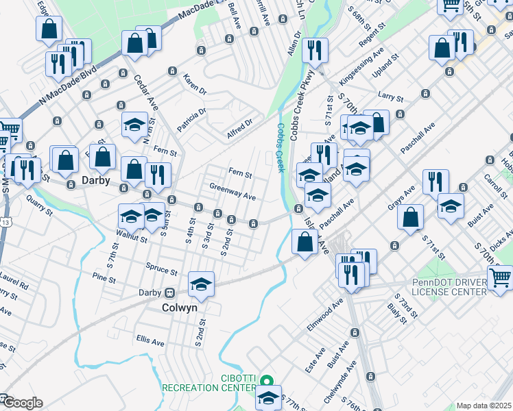 map of restaurants, bars, coffee shops, grocery stores, and more near 101 Greenway Avenue in Darby