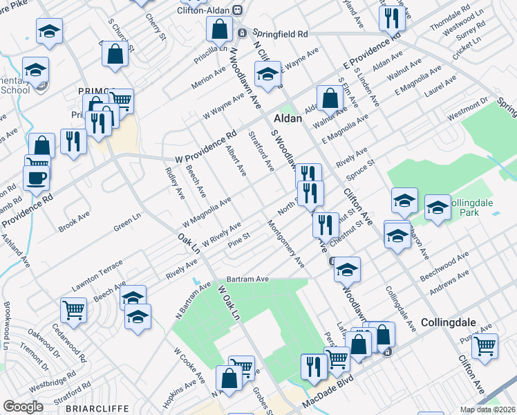 map of restaurants, bars, coffee shops, grocery stores, and more near 130 Albert Avenue in Aldan