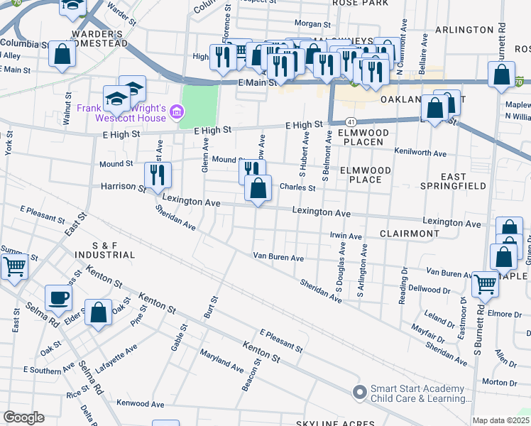 map of restaurants, bars, coffee shops, grocery stores, and more near 366 Ludlow Avenue in Springfield