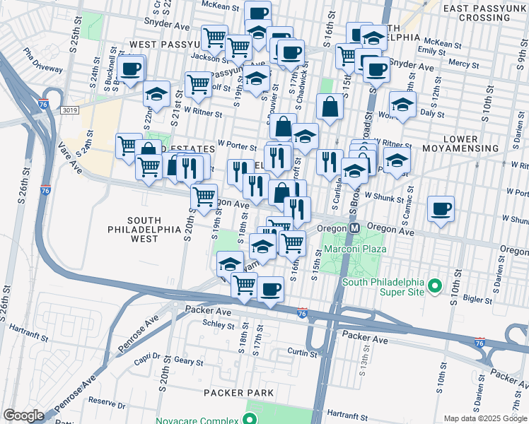 map of restaurants, bars, coffee shops, grocery stores, and more near 1710 Oregon Avenue in Philadelphia