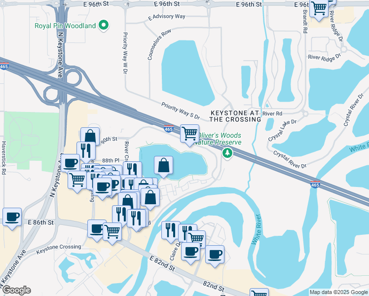 map of restaurants, bars, coffee shops, grocery stores, and more near 3815 River Crossing Parkway in Indianapolis
